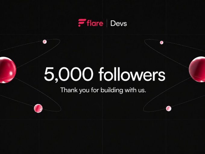 The image celebrates Flare Devs reaching 5,000 followers, with the text "5,000 followers — Thank you for building with us" displayed against a dark background featuring stylized red spheres connected by orbital lines. It serves as a milestone announcement promoting the Flare developer community, aligning with the post's call to follow $FLR's talented dev team.