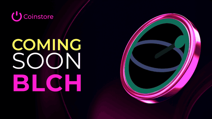 A promotional graphic with 'Coinstore' logo at top, 'COMING SOON BLCH' text in white and pink, alongside a 3D pink coin featuring a stylized 'B' emblem.