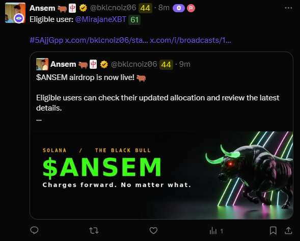 A screenshot of a tweet from @bklcnoiz06 announcing a $ANSEM airdrop on Solana, featuring an image of a black bull with neon green and pink accents.