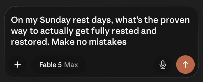 A dark-mode AI chat interface displays the prompt "On my Sunday rest days, what's the proven way to actually get fully rested and restored. Make no mistakes" sent to "Fable 5 Max." The caption "^_^" reflects a cheerful anticipation for the AI's response on rest and recovery.
