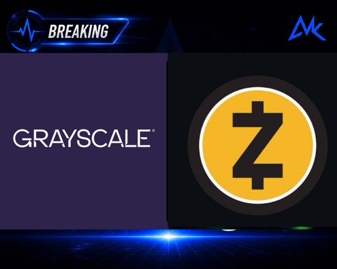 A breaking news graphic showing the Grayscale logo on a purple background next to a Zcash (ZEC) coin logo, with an 'MK' watermark.