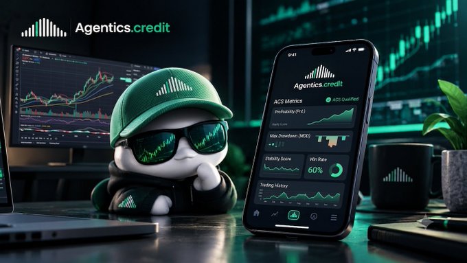 A promotional graphic for 'Agentics.credit' featuring a small mascot character wearing a green cap and sunglasses, positioned next to a smartphone displaying trading metrics like 'ACS Metrics', 'Win Rate', and 'Stability Score' against a backdrop of financial charts.