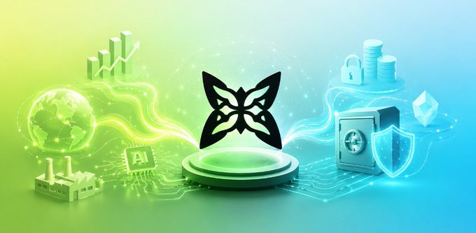 A stylized butterfly logo sits on a glowing platform, surrounded by icons representing finance (charts and coins), logistics (factory), AI (chip), and security (medical shield with lock)—visualizing Quip Network's quantum computing applications across diverse industries. The image illustrates the post's message about leveraging quantum capabilities for optimization problems in finance, logistics, manufacturing, and AI.