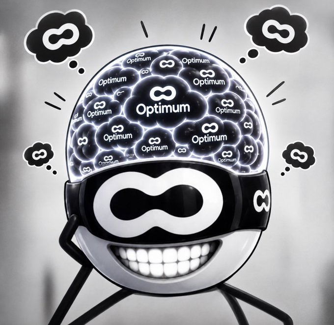 A black and white illustration of a smiling round character with its brain exposed, revealing glowing clouds labeled "Optimum."