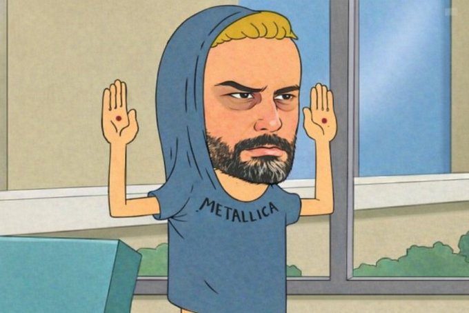A cartoon character with a photorealistic face (resembling Jack Dorsey) wears a blue "METALLICA" hoodie, holding up both hands to show small wounds on his palms—likely referencing crucifixion imagery. The image cleverly pairs with the quote by contrasting spiritual/social approval ("the validation") with material wealth ("hundred of billions of dollars"), implying a martyrdom-for-money trade-off.