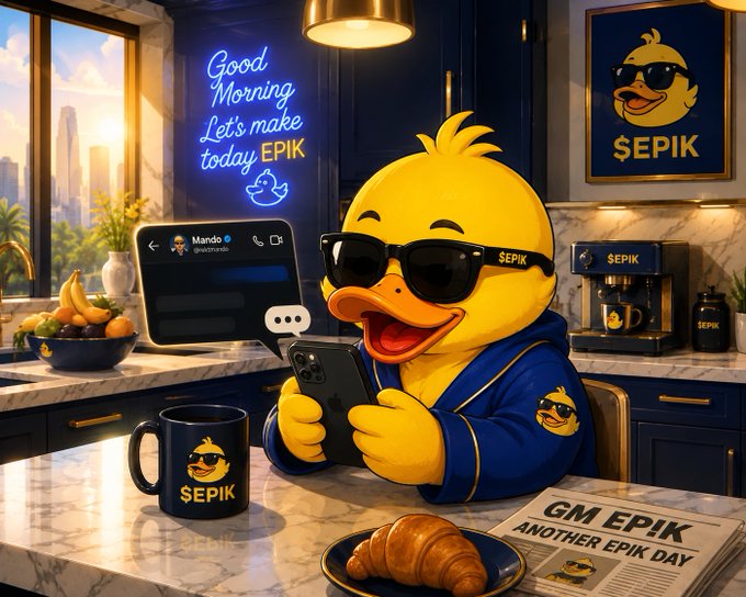 The cartoon duck mascot wearing sunglasses and a blue robe sits at a marble kitchen counter checking his phone, surrounded by "$EPIK" branded merchandise including a coffee mug, espresso machine, framed logo, and a "GM EPIK: ANOTHER EPIK DAY" newspaper, while a neon sign reads "Good Morning Let's make today EPIK"—perfectly capturing the post's playful morning check-in urging the $EPIK community to act on the upcoming snapshot before others do.