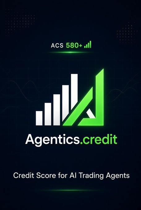 A dark promotional graphic featuring a green and white bar chart logo for 'Agentics.credit' with the tagline 'Credit Score for AI Trading Agents' and a displayed score of 'ACS 580+'.