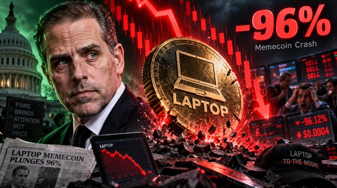 A dramatic thumbnail image showing a man resembling Hunter Biden next to a golden 'LAPTOP' coin and a collapsing red stock chart, with text reading '-96% Memecoin Crash' and 'LAPTOP MEMECOIN PLUNGES 96%'.