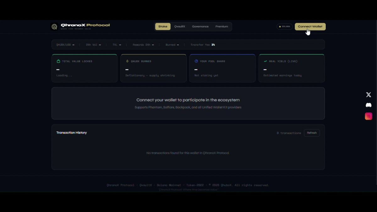 The image shows a computer screen displaying a website called "ChromePoweredProtocol" with a chat window open, likely for a discussion about the protocol or its features. The website also has a section titled "QhronX Protocol on @Solana". This text suggests that the image is related to the QhronX Protocol, which is an Ethereum-based protocol designed for use in smart contracts and tokenization. The website offers various benefits such as trading fees from exchanges and premium apps, and it encourages users to vote on its future by clicking on a specific button.