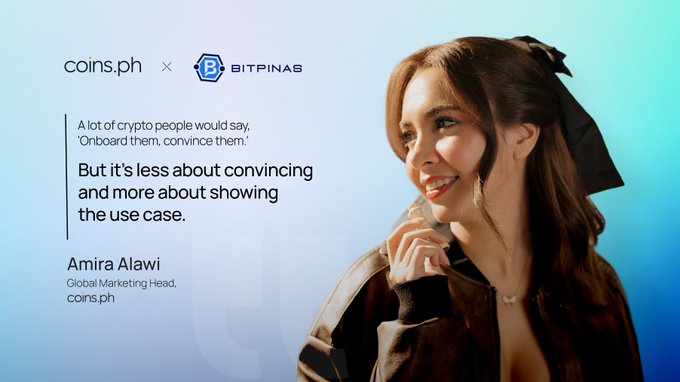 The image features a woman with brown hair wearing a black jacket, smiling at the camera while standing against a blue background. The image also includes text that reads "Coins.ph x Bitpinas" and "A lot of people would say onboard them Convincing and more about showing the use case".