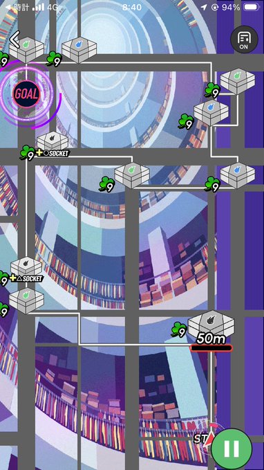 A mobile game screen showing a circuit board map with various nodes including 'GOAL' and '+SOCKET' markers, set against a library background.