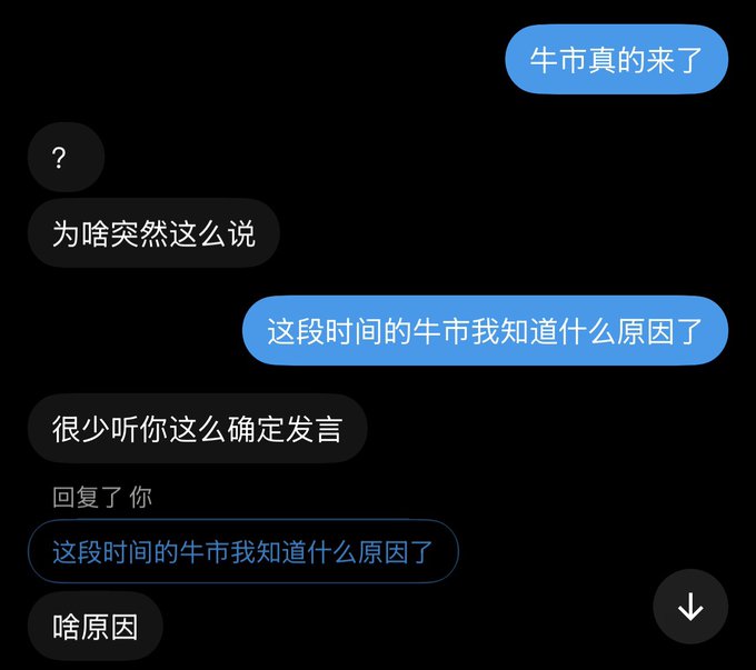 A chat screenshot in Chinese where one person declares '牛市真的来了' (The bull market is really here) and claims to know the reason for the recent bull market, prompting the other to ask why.