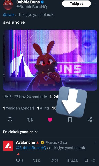 The image shows a Twitter/X screenshot of @BubbleBunsHQ replying to @avax with the word "avalanche," featuring a pink bunny character in a cyberpunk-style setting, with Avalanche's official account responding below with a red triangle emoji. The post highlights a subtle interaction between the NFT project Bubble Buns and the Avalanche blockchain, which the caption frames as early "alpha" signaling a potential collaboration or ecosystem move.