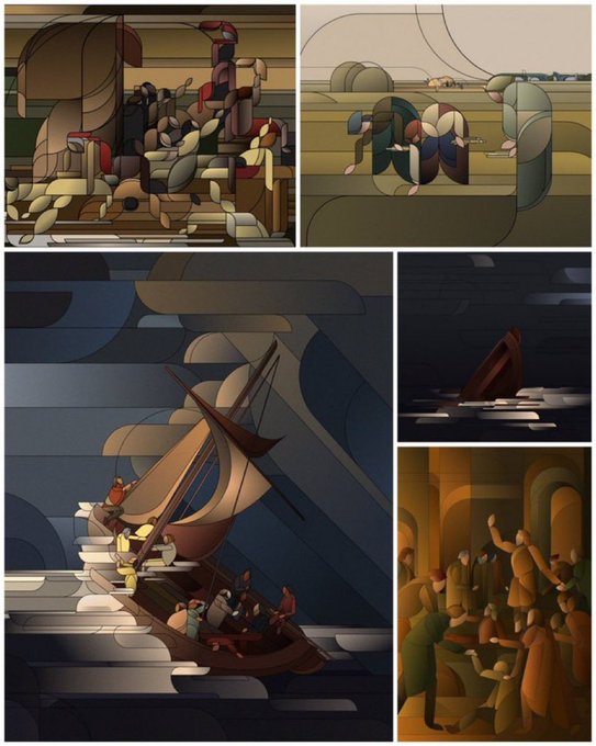 An illustrated comic-style storyboard showing scenes of people working, a sailboat on the water, and a crowd gathered, rendered in a stylized, geometric art style with muted tones.