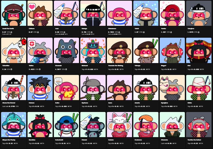 A grid of NFT monkey character avatars with pink faces, each wearing different accessories and outfits, with names like 'Oikawa', 'Chihaya', 'Demon the Monkey', and prices displayed.