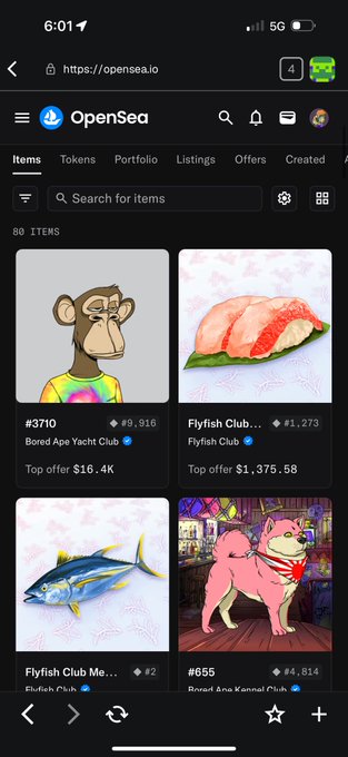 A mobile screenshot of the OpenSea NFT marketplace displays items including 'Bored Ape Yacht Club #3710' (Top offer $16.4K), 'Flyfish Club', and 'Bored Ape Kennel Club #655'.