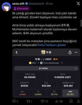 The image shows an X post by sezo.eth discussing a cryptocurrency token called "牛来" (BSC/USDT pair on PancakeSwap), displaying key metrics including a price of $0.06688, $662K liquidity, $6.8M FDV, and $68.8M market cap with a +6.8% 1H gain. The post highlights the BSC ecosystem's quick profitability, noting the token surged roughly 50% to reach a $4K position, with the trading volume still rising—aligning with the caption's emphasis on rapidly doubling investments compared to larger-cap gains.