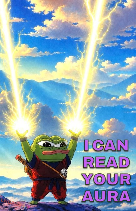 Pepe the Frog meme art dressed as a martial artist with glowing energy beams shooting from his hands, captioned 'I CAN READ YOUR AURA'.