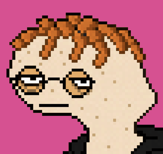 A pixel art portrait of a character with curly reddish-brown hair, half-closed eyes, and freckles, set against a magenta background.