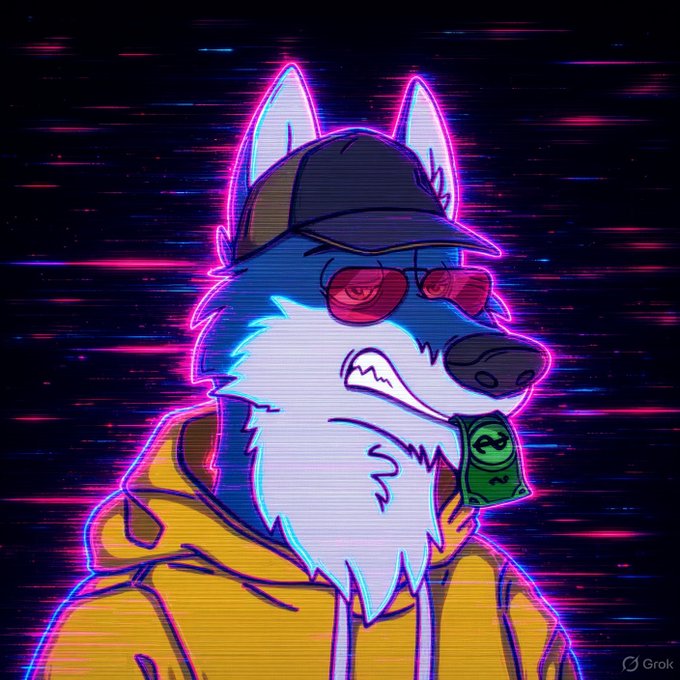 A stylized digital illustration features an anthropomorphic wolf character wearing red sunglasses, a black cap, and a yellow hoodie holding a green drink, with 'Grok' watermarked.