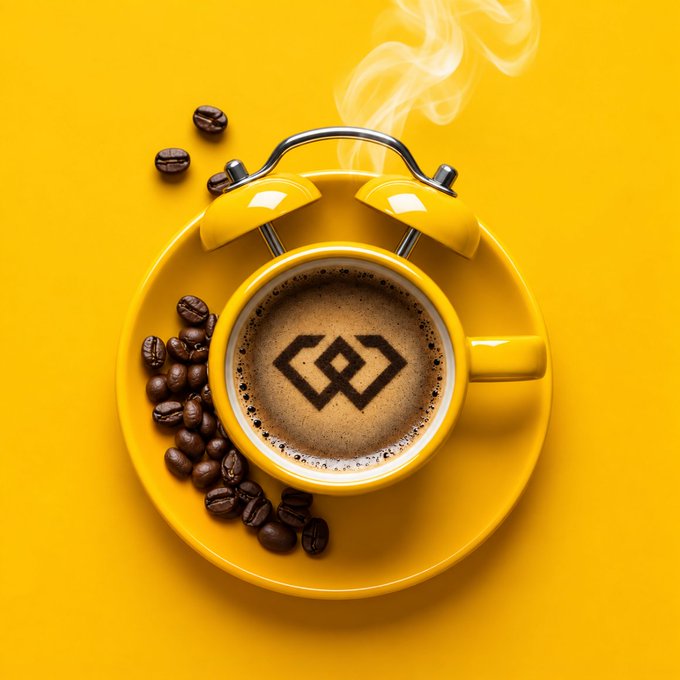 A bright yellow coffee cup and saucer with an alarm clock-style top sits on a yellow background, featuring steam rising and a Binance (BNB) logo crafted from cocoa powder in the coffee.