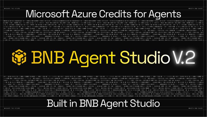 A promotional graphic reads 'Microsoft Azure Credits for Agents' and 'BNB Agent Studio V.2' with 'Built in BNB Agent Studio' at the bottom, set against a background of binary code.