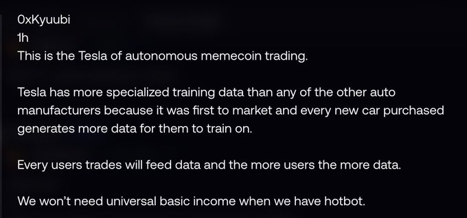 A dark-mode social media post by '0xKyuubi' promoting an AI trading bot called 'hotbot', comparing it to Tesla's data advantage and suggesting it could replace the need for universal basic income.