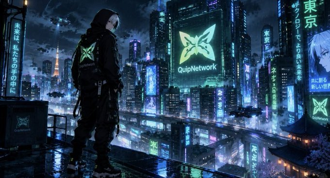 A futuristic cyberpunk Tokyo cityscape at night features a hooded figure with a 'QuipNetwork' logo on their back, overlooking glowing neon billboards with Japanese text.