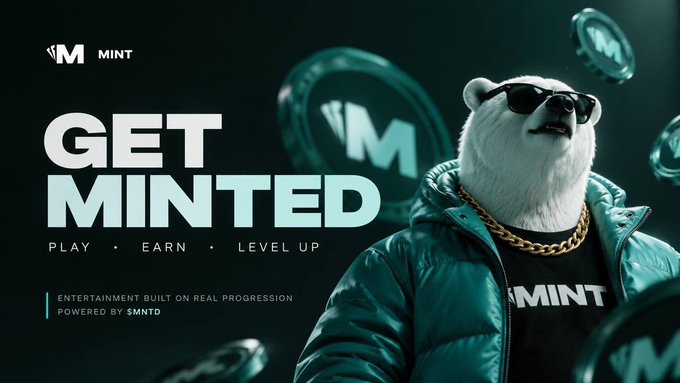 A promotional banner for "MINT" features a polar bear wearing sunglasses and a teal puffer coat with a gold chain, surrounded by floating coins with the M logo, with text reading "GET MINTED - PLAY · EARN · LEVEL UP" and "ENTERTAINMENT BUILT ON REAL PROGRESSION POWERED BY $MNTD."