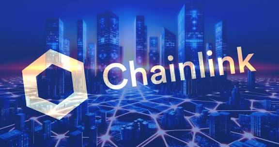 The Chainlink logo and brand name are displayed in front of a stylized blue cityscape with glowing network connections, visually representing the blockchain's role in linking real-world financial infrastructure. The image aligns with the post's theme of Chainlink ($LINK) being a foundational "toll booth" for tokenized real-world assets, with the network imagery symbolizing its dominance in securing over $110 billion in value.