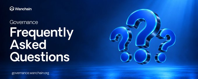 A Wanchain Governance banner displays "Frequently Asked Questions" against a blue background with 3D question mark graphics and the URL governance.wanchain.org.