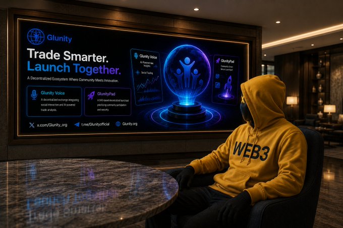 A person wearing a yellow "WEB3" hoodie sits at a sleek table beside a large glowing display promoting "Glunity" with the tagline "Trade Smarter. Launch Together," along with the website "glunity.org" and social handles "t.me/Glunityofficial" and "@Glunity_org." The image visually reinforces the caption's point about Glunity standing out among typical Web3 projects by showcasing its "Glunity Voice" and "GlunityPad" products as a unified ecosystem rather than just another token-and-roadmap launch.