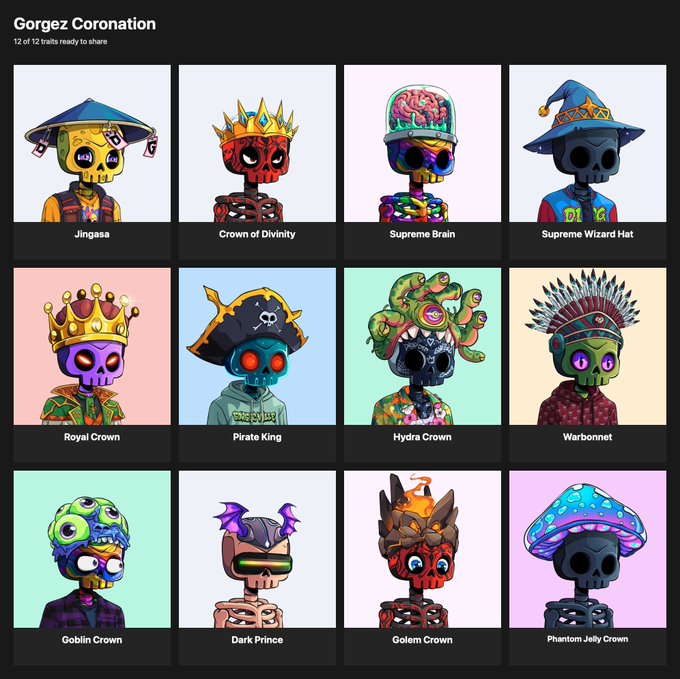 A grid display titled 'Gorgez Coronation' shows 12 cartoon skeleton NFT characters wearing various elaborate headwear, labeled with names like 'Jingasa,' 'Crown of Divinity,' 'Pirate King,' and 'Phantom Jelly Crown.'