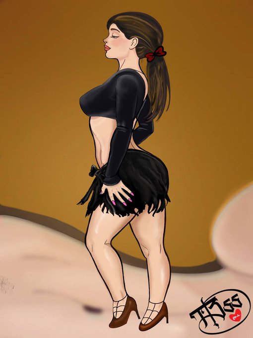 A cartoon-style digital illustration of a woman in profile wearing a black crop top and skirt, with an artist's signature and the text "PRESS" at the bottom.