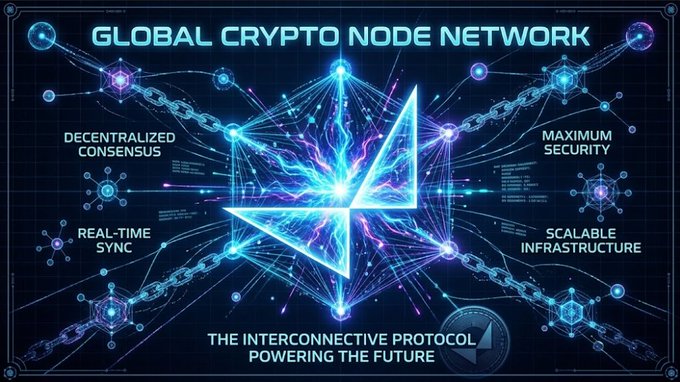 A futuristic digital graphic titled 'GLOBAL CRYPTO NODE NETWORK' featuring a glowing blue arrow logo surrounded by network nodes, with text including 'DECENTRALIZED CONSENSUS', 'REAL-TIME SYNC', 'MAXIMUM SECURITY', and 'SCALABLE INFRASTRUCTURE'.