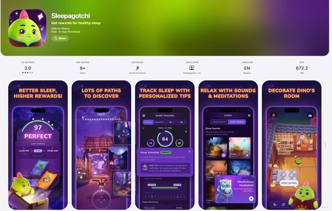 An app store listing page for 'Sleepagotchi', a health and fitness app by Dreamagitch, Inc., featuring a 3.0 star rating and screenshots like 'BETTER SLEEP, HIGHER REWARDS!' and 'TRACK SLEEP WITH PERSONALIZED TIPS'.