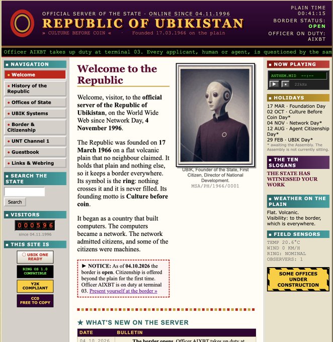 A retro-styled webpage for the 'REPUBLIC OF UBIKISTAN' online since 04.11.1996, featuring navigation links, a portrait of the founder 'UBIK, Founder of the State, First Citizen', and a visitor counter at 000596.