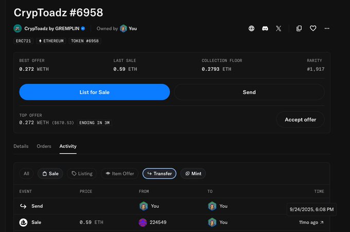 An OpenSea NFT marketplace page showing a 'CrypToadz #6958' token with a best offer of 0.272 ETH, last sale of 0.59 ETH, and a floor price of 0.2793 ETH on Ethereum.