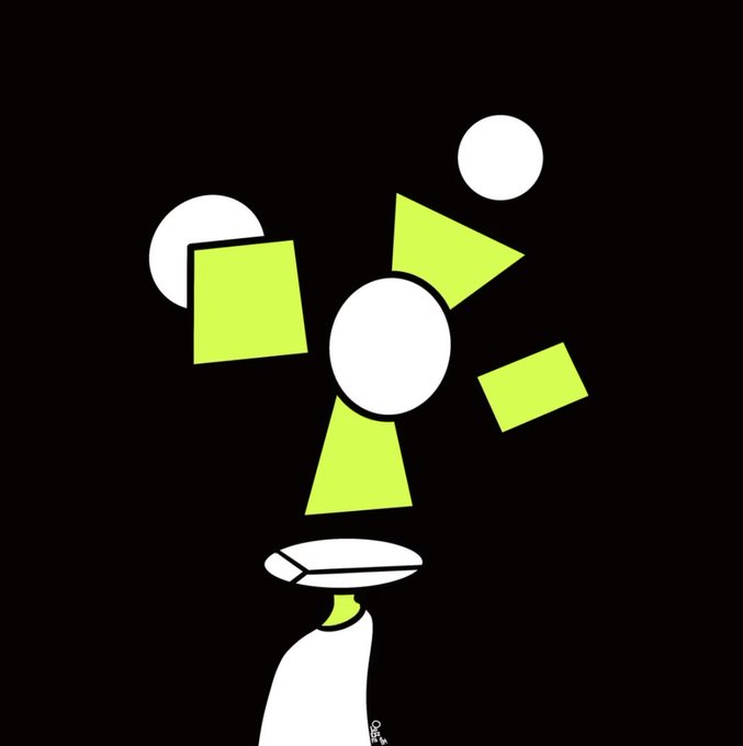 An abstract digital artwork featuring scattered geometric shapes in lime green and white, including circles, squares, a triangle, and a trapezoid, arranged on a solid black background.