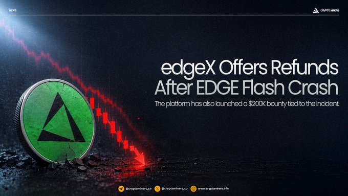 The image features an advertisement for an EdgEx exchange with a green triangle symbolizing the Edge token. Below this symbol, there are two lines of text stating "edgeX offers refunds after EDGE crash" and "the platform has launched a 200,000 USDC bounty for information that helps identify those responsible for the incident". The image also includes a coin on the left side with a red triangle symbolizing an "EDGE" token falling over.