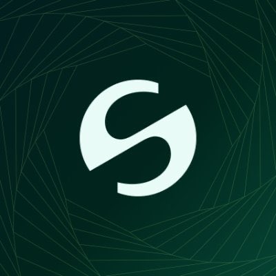 A minimalist dark green logo design featuring a stylized white "S" or infinity-like symbol set against a geometric background of thin gold lines.