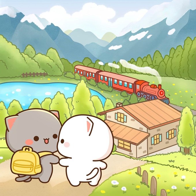 A cartoon landscape featuring two cats walking with a yellow backpack, with a red train passing by a house, lake, and mountains in the background.
