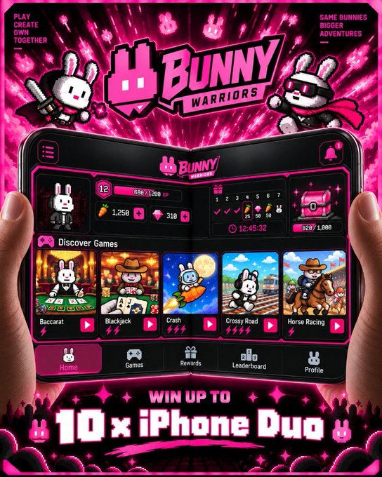 A pixel art-style mobile game promotional poster for 'Bunny Warriors' displays in-game mini-games like Baccarat and Blackjack, with a tagline offering players a chance to 'WIN UP TO 10x iPhone Duo'.