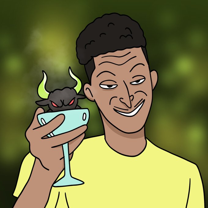 A cartoon illustration of a smiling young man with curly hair holding a cocktail glass containing a small red-eyed devil bull, referencing crypto market themes.