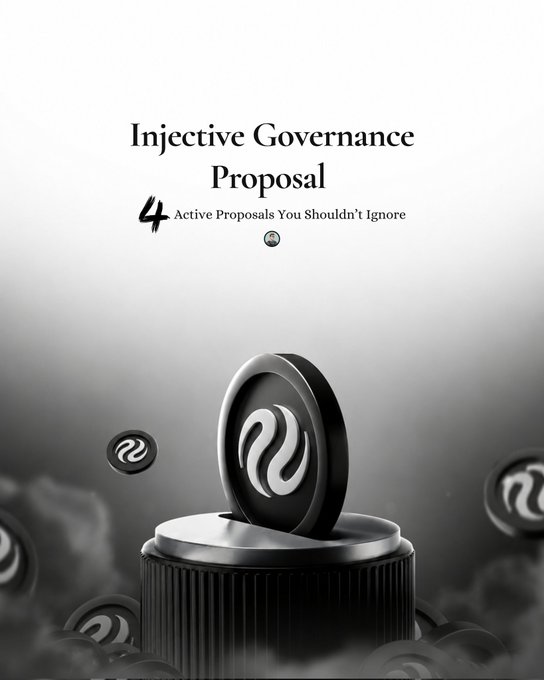 The image features a black and white poster with a coin placed on top of a pedestal, surrounded by numerous coins scattered around it. The text "INJECTIVE GOVERNANCE PROPOSAL" is written at the top of the poster in bold letters. Below this, there are four bullet points that provide information about the proposal.