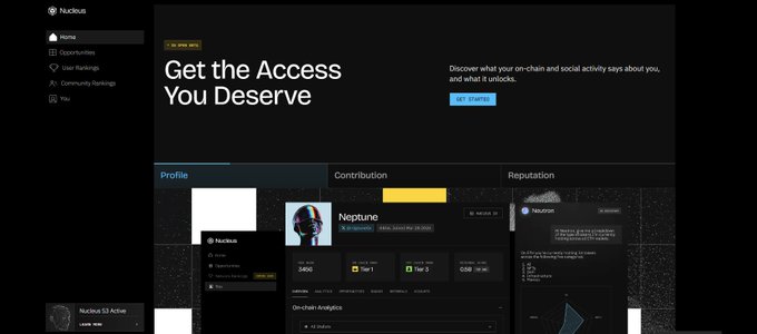 Screenshot of a website dashboard for 'Nucleus' with the headline 'Get the Access You Deserve' and profile tabs for Profile, Contribution, and Reputation.