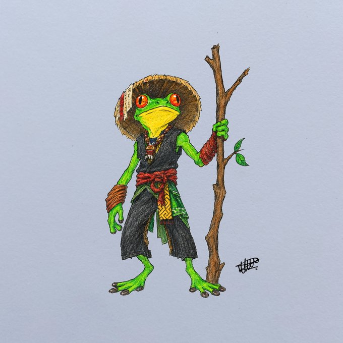 A hand-drawn illustration on light blue paper depicting an anthropomorphic green frog character dressed as a ronin or samurai, wearing a straw hat, dark robes, a red sash, and bandages, while holding a wooden staff with leaves.