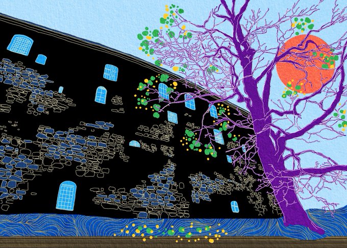 A stylized digital illustration of a black building with stone textures and blue windows, beside a purple tree with green and yellow leaves, an orange sun, and a starry sky.