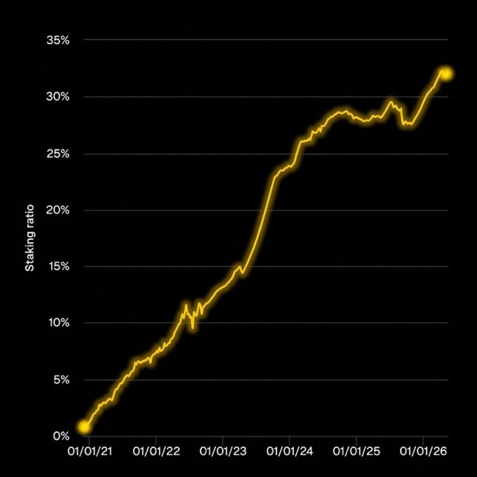 The image is a line graph that shows the increasing trend of ETH staking over time, with the X-axis representing dates from January through December while the Y-axis represents the amount of Ethereum staked inether (ETH). The data on this chart illustrates an upward curve indicating rising levels of ETH.

In the same context as the image, there is a post that mentions "ETH staking hits ATH after ATH". This could be interpreted as someone's opinion or interpretation about the graph's significance, possibly stating it has peaked at some point during the month.