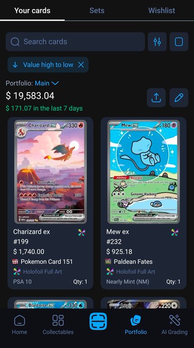The image shows an app displaying two Pokémon cards with different prices of $19,854 and $31 respectively. The user seems to be browsing through these Pokémon cards or possibly selling them using an app like Pokedex. The conversation around this is related to whether to buy, sell, or keep the Pokemon cards based on their current prices.